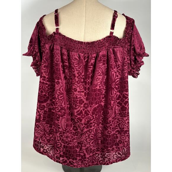 Velvet Burnout Top Purple Wine Cold Shoulder Blouse Whimsigoth 2X Dark Romantic - Picture 4 of 9